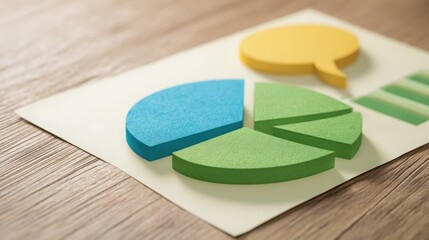 Business concept featuring a single piece of paper with a colorful pie chart representing data distribution and analysis