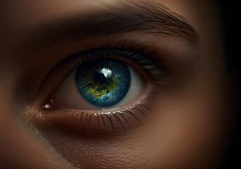 Fototapeta premium Close up of a Human Eye Reflecting the Earth, Symbolizing Global Vision and Perspective