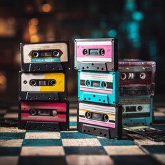 Obraz premium Vintage Cassette Tapes Stacked in a Creative Arrangement on Table