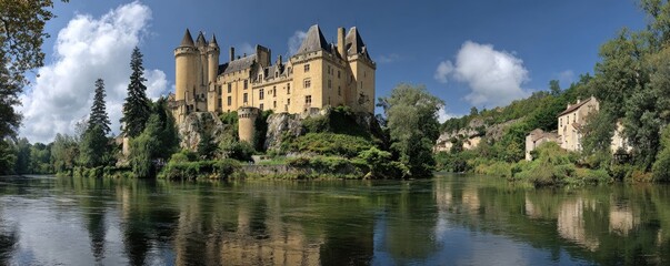 Obraz premium Panoramic view of a castle on an island, reflecting in a calm river, with a village nestled in the background