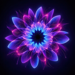Fototapeta premium Vibrant neon fractal bloom with glowing petals and psychedelic energy amidst darkness