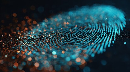 Fingerprint with glowing particles and blue light, security and identification