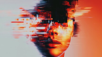 Glitch art portrait of a woman with pixelated and distorted face effect