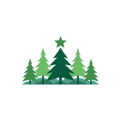 A minimalist graphic illustration featuring a row of stylized evergreen trees in various shades of green with a bright green star atop the tallest central tree
