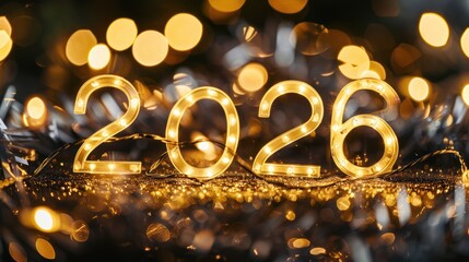 Golden Illuminated Numbers Forming 2026 Celebratory New Year Decoration