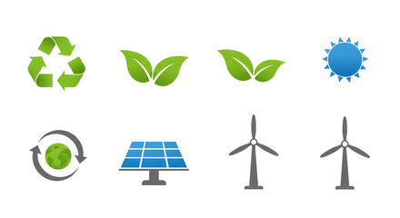 Collection of colorful gradient icons for renewable energy and sustainability.