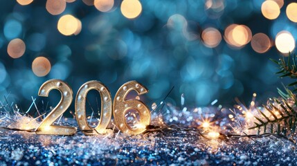 Golden New Year Numbers 206 on Glittering Blue Background with Bokeh Lights