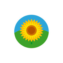 A vibrant stylized illustration of a bright yellow sunflower blooming in a green field under a clear blue sky presented in a circular graphic