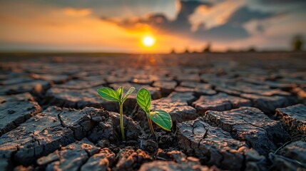 Single sprout growing in cracked barren desert land with empty blue sky, metaphor for survival, environmental crisis, climate change challenge, and hope for sustainable ecological recovery