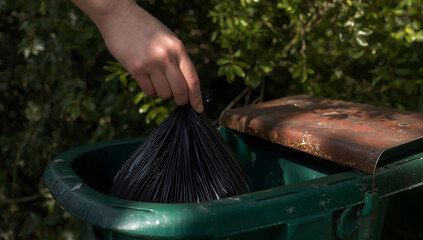 A person's hand placing a black garbage bag into a green outdoor trash receptacle.