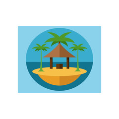 A charming flat design illustration of a tropical island paradise featuring a small hut and palm trees surrounded by calm blue ocean waters