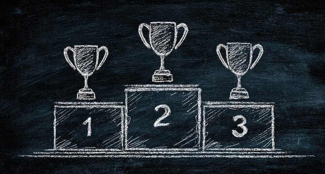 Chalkboard drawing of three trophies on tiered podiums