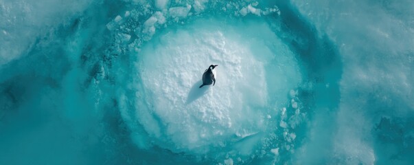 High-angle view of a penguin on a patch of ice amidst turquoise water