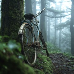 Fototapeta premium Abandoned Bicycle in Misty Forest Surrounded by Lush Greenery