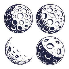 Different phases of the moon with craters, lunar cycle