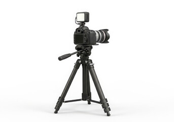 Professional camera with external flash mounted on a tripod