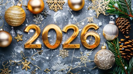 Golden Number 2026 with Christmas Decorations and Pine Cones on Festive Silver Snowflake Background