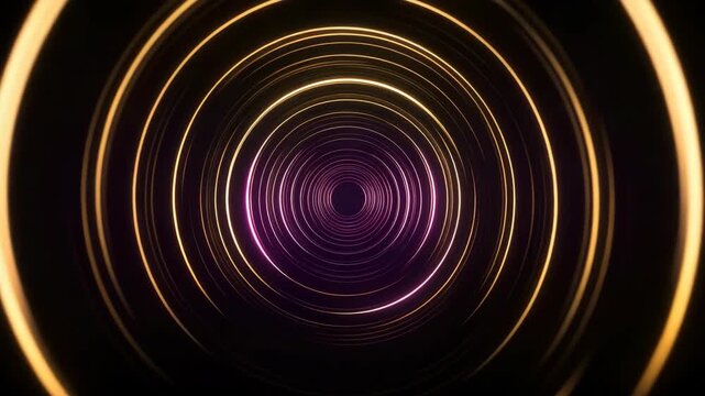 Abstract concentric circles with golden and purple hues in darkness Dynamic, glowing spiral patterns create visual depth