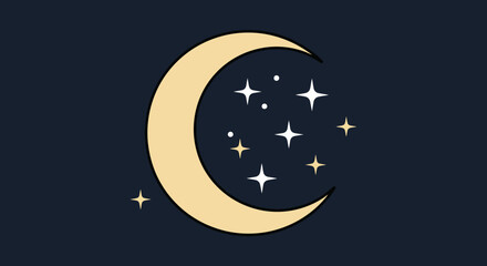 A simple, elegant illustration of a crescent moon surrounded by twinkling stars on a dark night sky background.