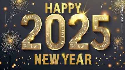 Golden Numeric 2025 New Year Celebration with Fireworks and Sparkles