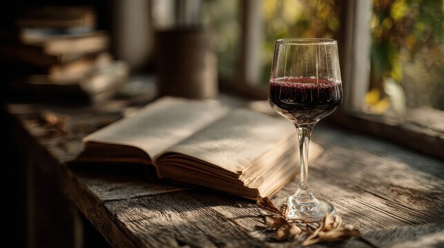 Glass of red wine and open book on rustic wooden table by bright window light