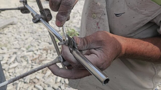 Stone Sculptor Artist Setting Up A Traditional Pointing Machine Or Compass On A Demo Sculpture To Carve A Stone Sculpture, India Odisha