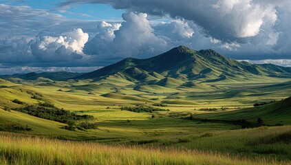 Fototapeta premium Lush valley beneath a dramatic mountain range