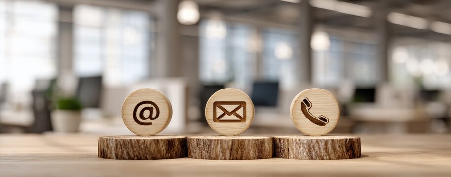 Contact Information Icons on Wooden Disc - Powered by Adobe