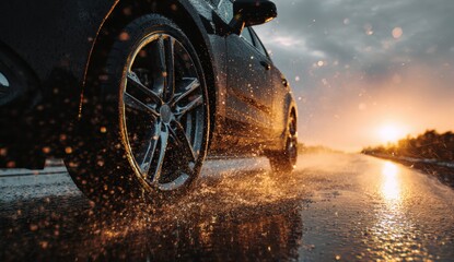 A car driving on a wet road at sunset