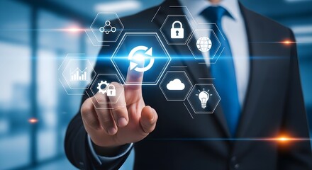 A businessman in a suit touches a holographic display with icons representing technology, security, cloud computing, and data.