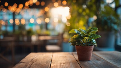 A small potted plant on a rustic wooden table, out-of-focus cafe background