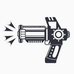 Retro Ray Gun Weapon with Firing Projectile on White Background Outline Style