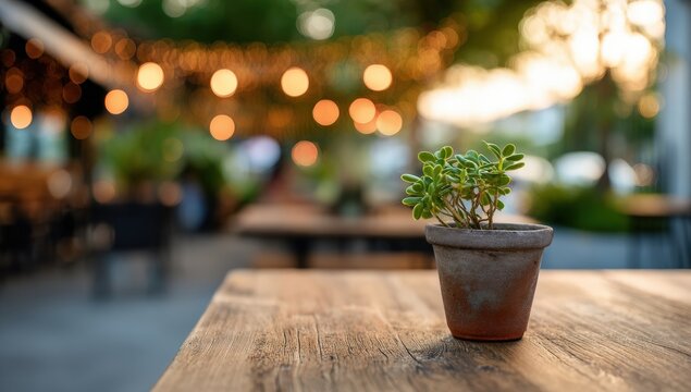 Small plant in terracotta pot on outdoor wooden table.  Blurred cafe background