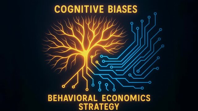Behavioral economics strategy text with brain tree merging cognitive bias circuit network merging concept illustrating decision making and bias human