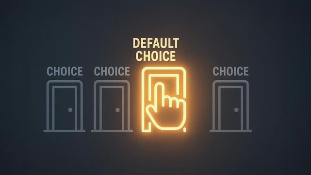 Default choice concept guiding decision and selection with glowing door icon, hand pointing finger to option suggesting confident choice