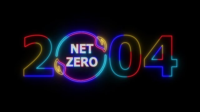 Net Zero Emissions by 2004 Animation Net zero ,carbon neutral concept, A Neon Vision for a Sustainable, Carbon-Neutral Future with Global Environmental Responsibility and Climate Action Commitments. 