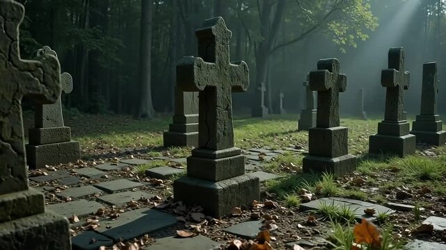 Misty morning light filters through ancient gravestones in a quiet, moss-covered cemetery.