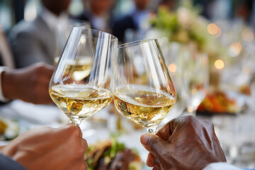 Wine glasses clinking at luxury event
