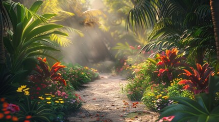 Tropical forest path sunlight flowers