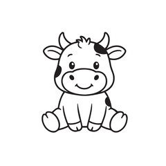 Vector illustration of a cute cow sitting peacefully, designed in simple monochrome black and white style with strong bold black outlines.