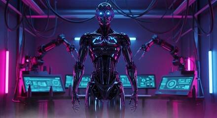 Futuristic Robot Overseeing Operations in a Neon-Lit Control Room.