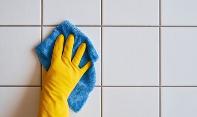 Hand in yellow glove cleaning white tile with blue cloth