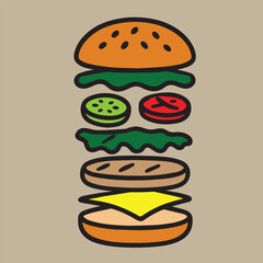 Vector illustration of a floating hamburger with various ingredients separated in layers, designed in colorful style emphasizing vibrant tones and playful composition.