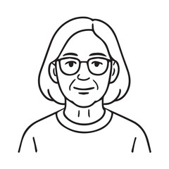 Vector portrait illustration of an elderly woman wearing glasses, designed in simple monochrome black and white style with strong bold black outlines.