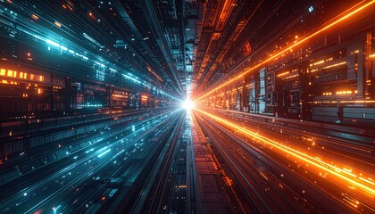 A futuristic tunnel, illuminated by vibrant orange and teal neon lights, extends into a dazzling, glowing center, showcasing intricate, detailed architecture.