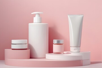 Elegant white cosmetic bottles and jars displayed on modern pink podiums, perfect for skincare or beauty product advertising campaigns.