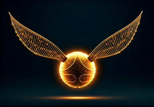 Glowing Golden Snitch with Translucent Wings and Ornate Details Against a Dark, Moody Background