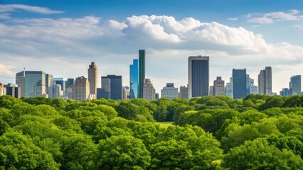 A vibrant city skyline rises above lush green treetops under a bright blue sky with fluffy clouds.
