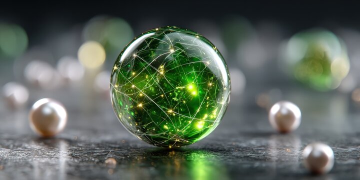 Translucent green sphere with glowing inner lines, surrounded by pearls
