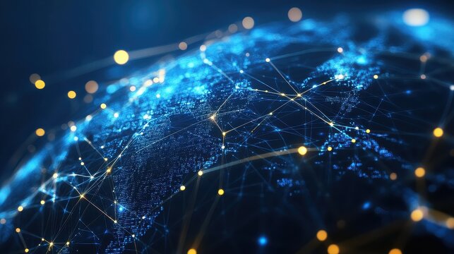 Abstract world map with glowing connections representing global network